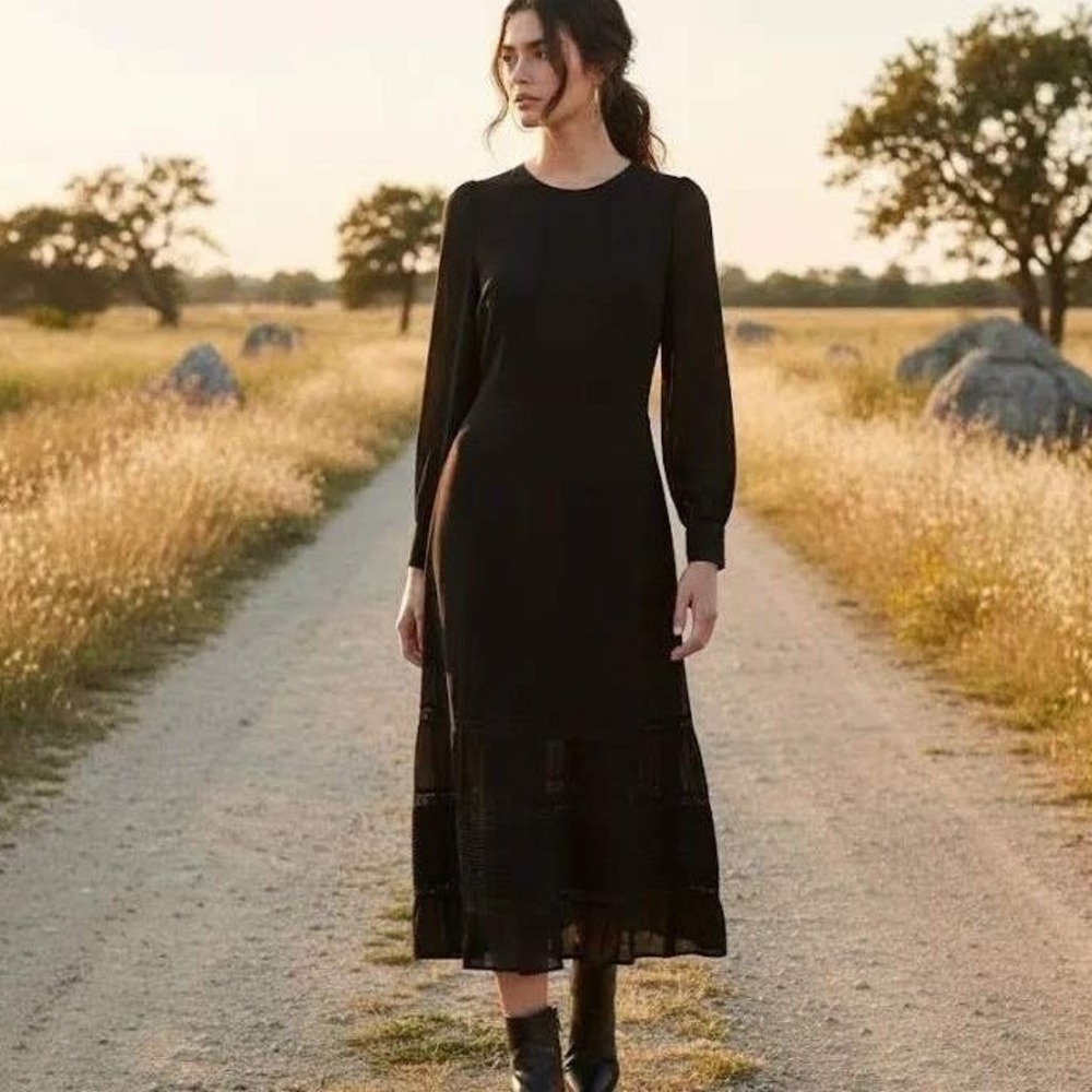 Reformation Valerie Black Lace Trim Tiered Midi Dress Long Sleeve Viscose Size 2